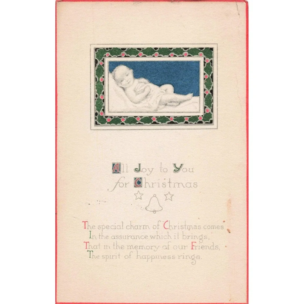 Vintage 1920 Christmas Postcard Sleeping Baby Attica Ohio 1 Cent Stamp VG